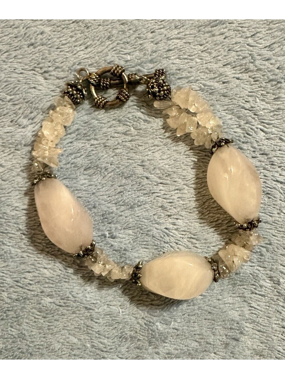 Rose Quartz Gemstone Bracelet Large Oval Beads Chips Toggle Clasp Boho 8”